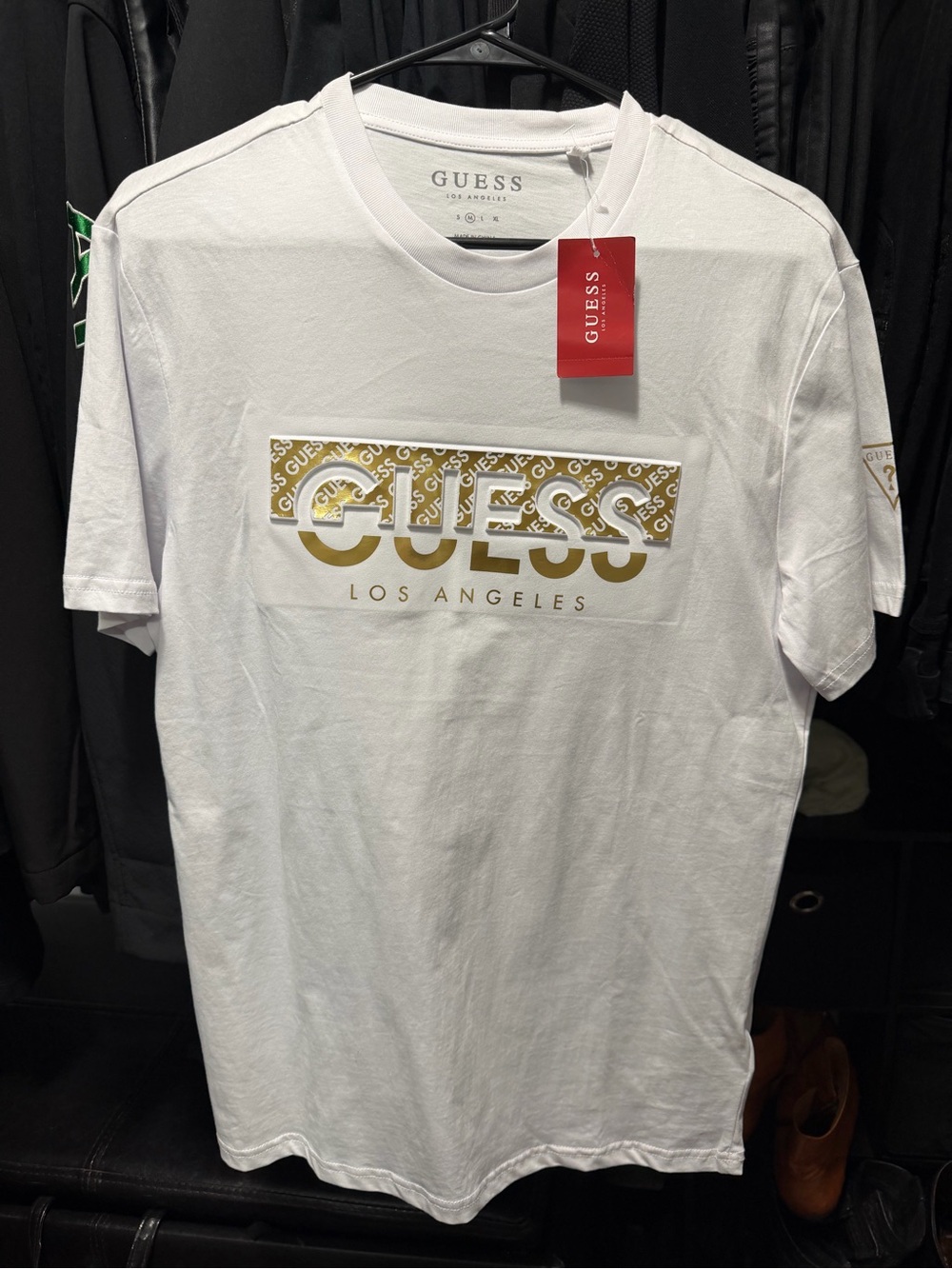 GUESS White Short-Sleeve Tee with Gold Logo Box